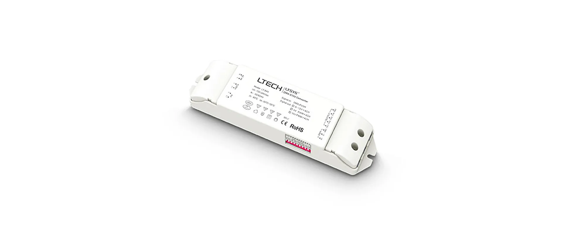 844  LED Intelligent DMX/RDM/PushDim to 0-10/PWM converter, 4Ch, Inbuilt ON/OFF Relay, 0.1-100% dim, DMX bidirectional communication option, IP20.